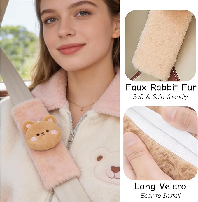 2 PCS Seat Belt Cover Pad, Cute Kawaii Animal Bear Seatbelt Covers for Kids and Adults, Winter Plush Fluffy Soft Seat Belt Cover, Cartoon Seatbelt Cushion,Car Seat Strap Pads (F-Bear)
