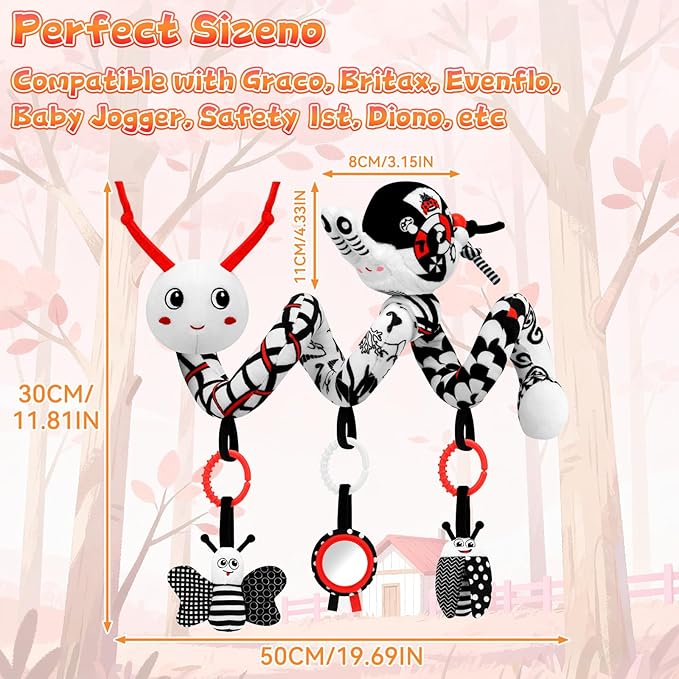 High Contrast Baby Toys for Newborn, Black and White Baby Sensory Toys 0-12 Months with Car Seat Toys & Soft Plush Toy, Activity Hanging Toys Velcro for Stroller Toys Baby Gifts