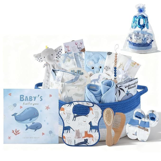 25-Pcs Luxury Baby Boy Gift Basket Set, Blue (0-12M Newborn) | Premium Baby Shower Gifts with Keepsake Memory Book. Ultimate Newborn Essentials in Woven Basket for Unforgettable Welcome Mom Gift