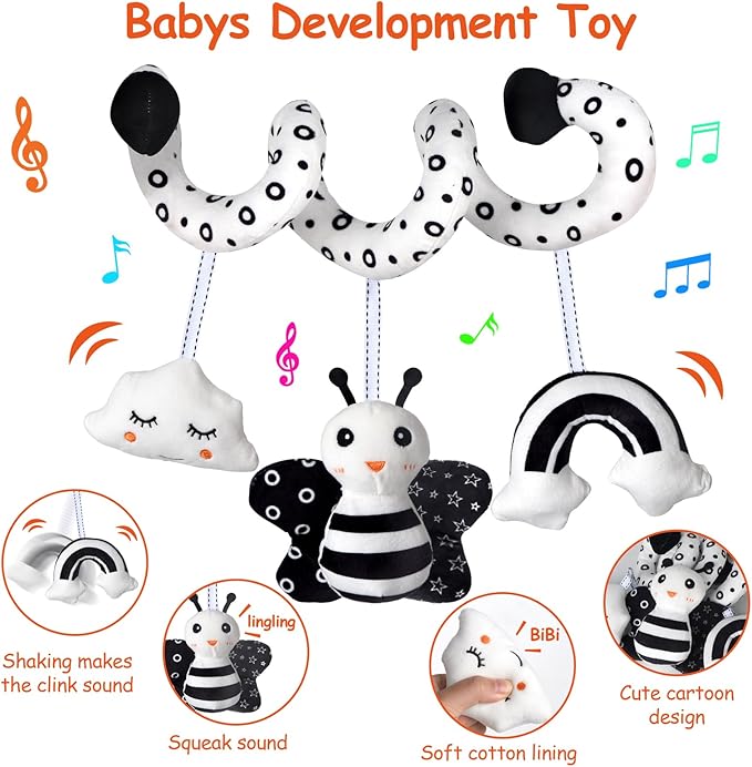 SAMMAS Car Seat Toys, Infant Baby Spiral Activity Hanging Toys Stroller Toys for Car Seat Stroller Bar Crib Bassinet Mobile with BB Squeaker and Rattles (Bee)