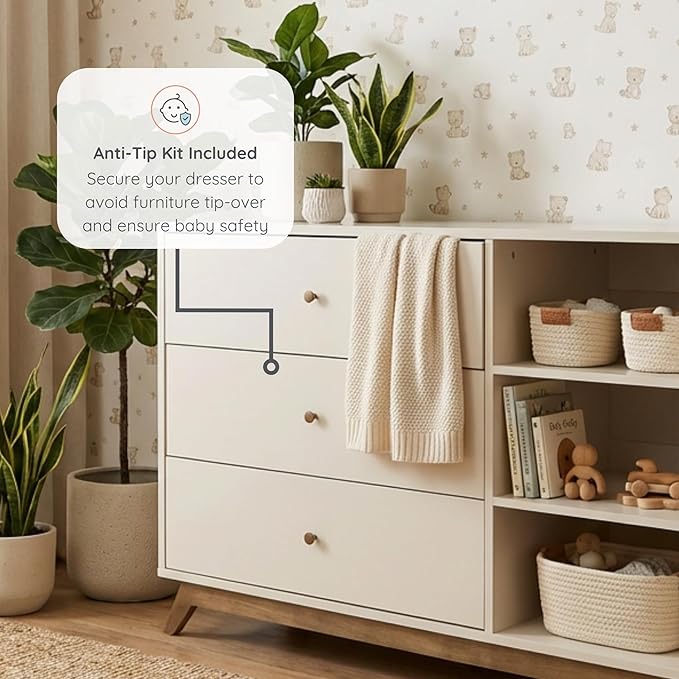 dadada Central Park 3-Drawer Dresser with Open Shelving - Modern Design, Baby-Safe Finish, Forged Steel Support, Sturdy Wood Legs, for Nursery, Kids or Teen Room, 47” Wide (Almond Milk+Walnut)