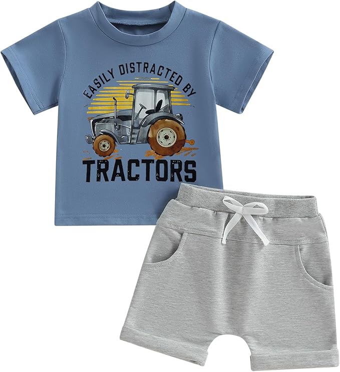 Toddler Baby Boy Clothes Summer Short Sleeve Trucks Tractors Print T-Shirt Tops Solid Color Shorts Set Casual Outfit