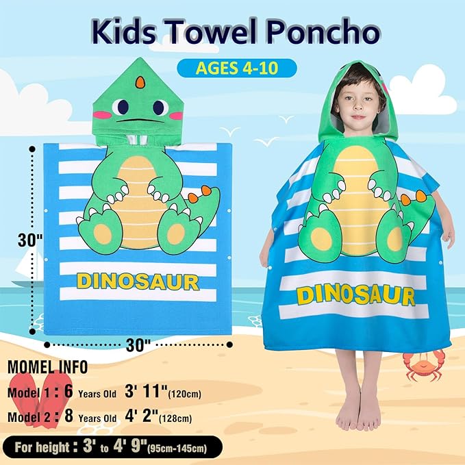 Hooded Kids Beach Towels - Toddler Bath Towel Girls Boys Swim Cover-ups for Ages 4 to 10 Kids Pool Towels Quick Dry Lightweight Soft Microfiber Poncho 30x30 with Bag (Dinosaur Green)