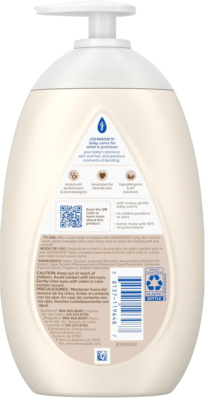 Johnson's Skin Nourishing Baby Lotion, Vanilla & Oat Scents, Hypoallergenic Baby Body Lotion for 72 Hour Hydration Until Baby's Next Bath Moisturizes & Protects from Dryness, 16.9 fl. oz