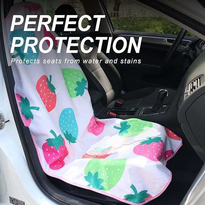 Sweat Towel Car Seat Cover Protector Front Seats for Gym Workout, Running, Swimming, Beach and Hiking, Waterproof Universal Seat Cover for Car, Truck, Van & SUV (Strawberry, 2pcs Front Seat)