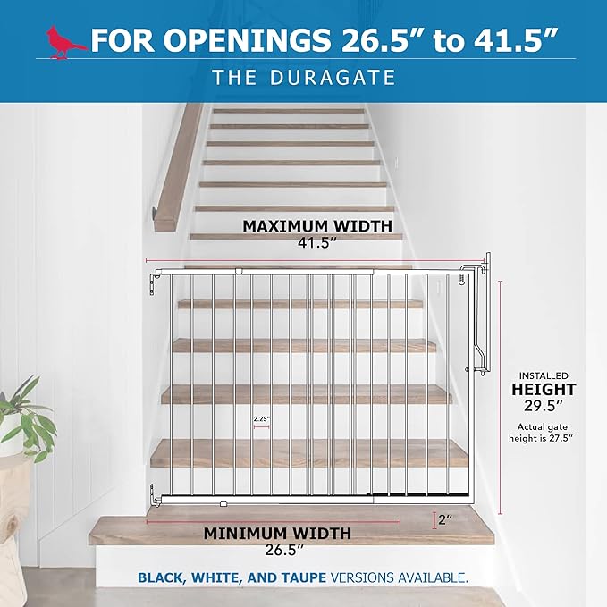 Cardinal Gates Duragate - Adjustable Width 26½"-41½" for an Extra Wide Pet Gate. Can be Used as a Dog Gate, Puppy Gate, or Pet Gate (White, MG25-W)