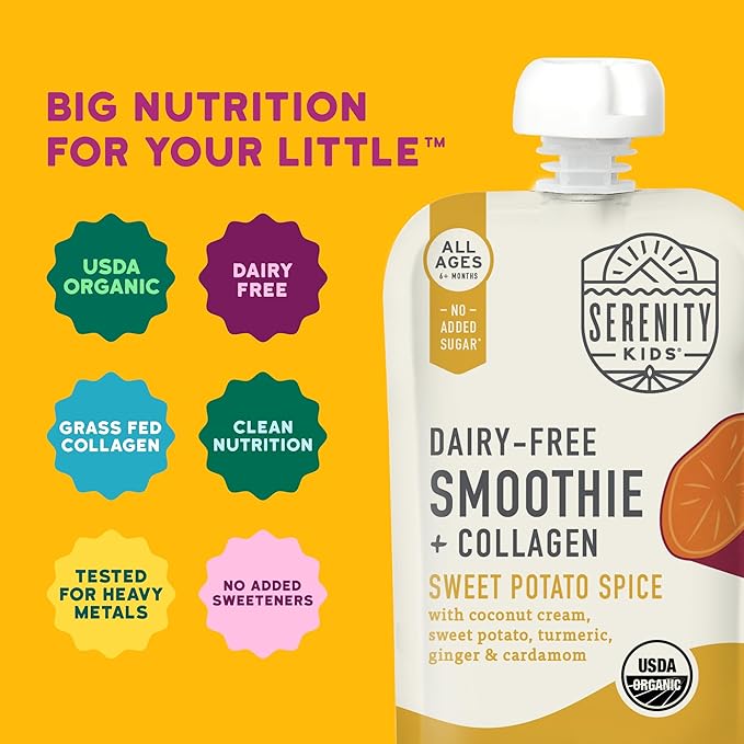 Serenity Kids 6+ Months Dairy-Free Smoothie Baby Food | USDA Organic | Grass Fed Collagen Protein | 3.5 Ounce BPA-Free Pouch | Sweet Potato Spice | 1 Count