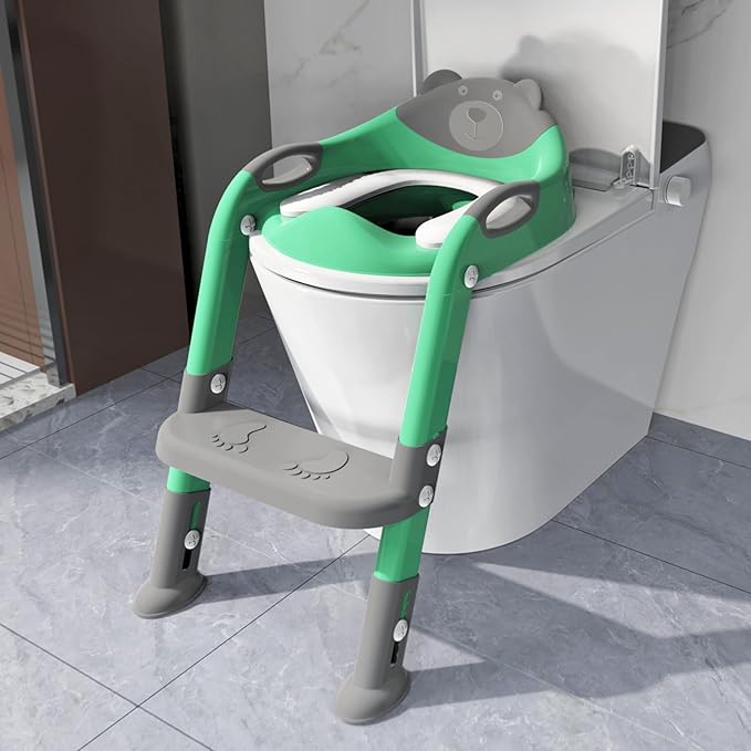 Potty Training Seat ，SKYROKU Potty Training Toilet with Step Stool Ladder, for Kids Boys Girls Toddlers - Comfortable Safe Potty Seat with Anti-Slip Pads Ladder (8838-GreyGreen)