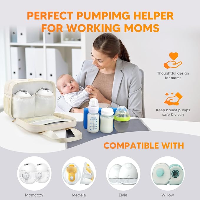 PIIOSER Breastmilk Cooler Travel Bag with Ice Pack, Compatible with Wearable Breast Pumps & Accessories - Portable Hands Free Breast Pump Carrying Case for Nursing & Working Moms, Cream