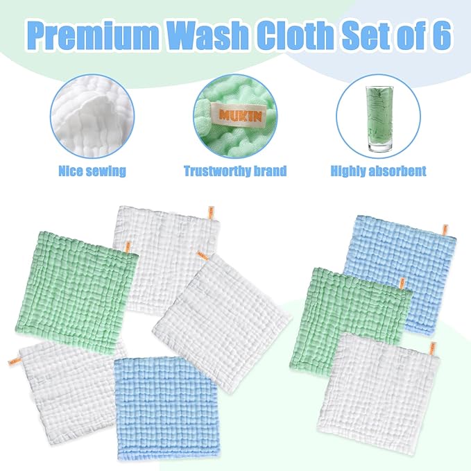 MUKIN Muslin Washcloths - Soft Face Cloths for Newborn, Absorbent Bath Face Towels, Wipes, Burp Cloths, Baby Registry as Shower. Pack of 10 (Green,Blue,White)