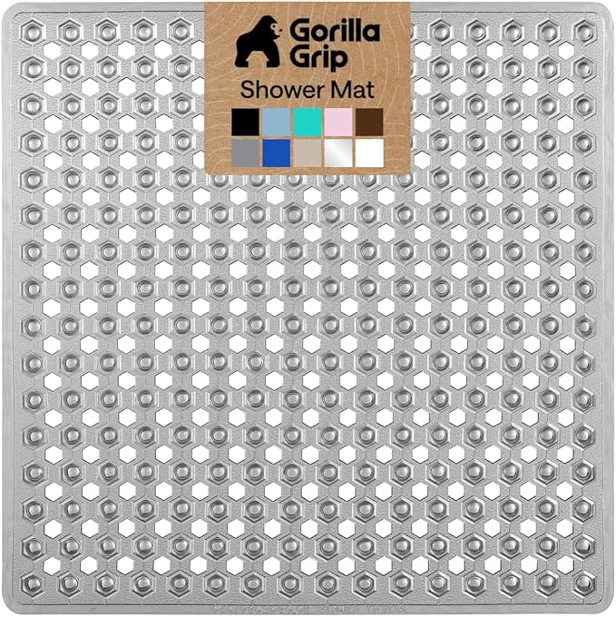 GORILLA GRIP Patented Square Shower Stall Mat, Small Bathtub Floor Mats for Stand Up Showers with Suction Cups and Drainage Holes, Machine Washable, Soft on Feet, Bathroom Accessories 21x21 Inch, Gray
