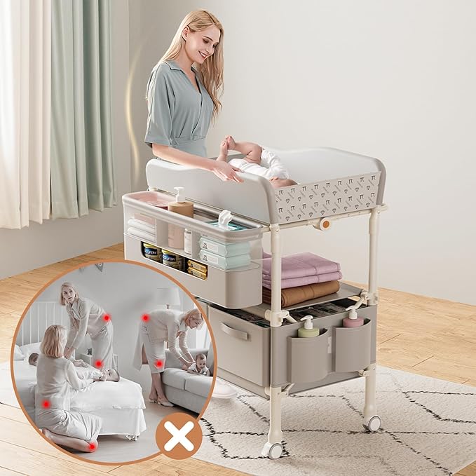 Baby Changing Table, Versatile Folding Changing Table with 2 Drawers, Portable Baby Diaper Changing Station with Toy Holder, Adjustable Height (39.7" to 42.9") Mobile Nursery Diaper and Newborn