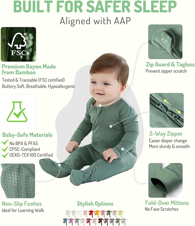 HAPIU Rayon from Bamboo Baby Footed Pajamas, 2 Way Premium Zipper, Footie for Baby Boy Girls, Newborn-24 Months
