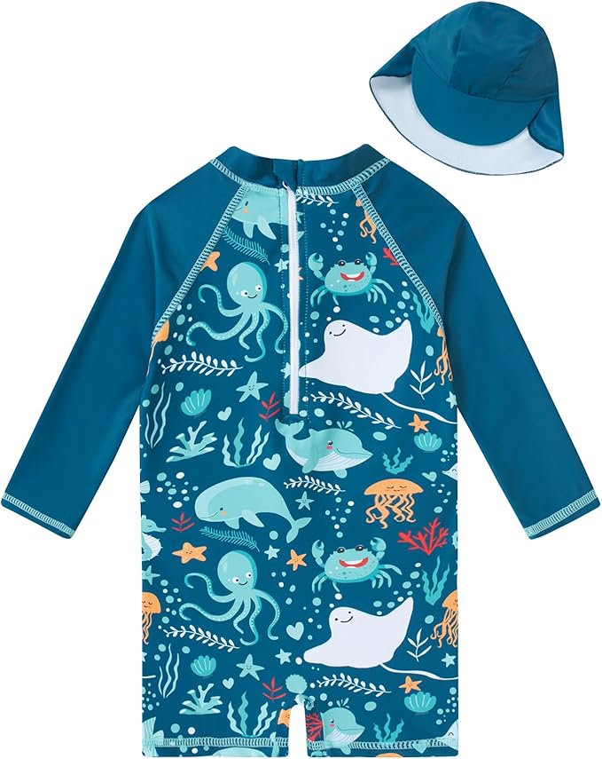 ADUKIDE Baby Boys Swimsuit Summer Beach Rash Guard Swimwear One Piece Sunsuit with Sun Hat 3-24 Months