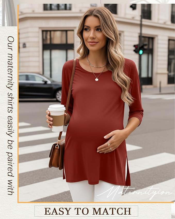 3 Pack Women's 3/4 Sleeve Maternity Shirts Elbow Length Clothes Round Neck Tunics Pregnancy Loose Side Split Tops
