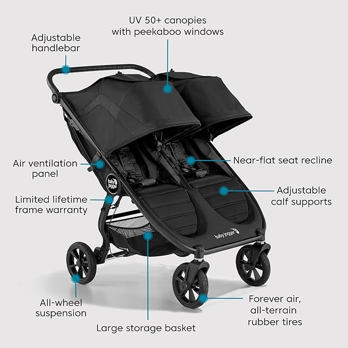 Baby Jogger City Mini GT2 All-Terrain Double Stroller Jet Black Perfect for Newborn and Toddler Compatible with Britax Cybex Graco and Maxi Cosi Infant Car Seats