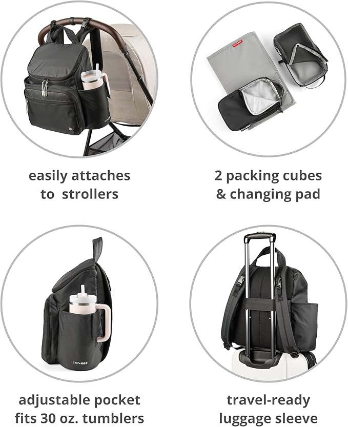 Skip Hop Diaper Bag Backpack with Portable Changing Pad Adjustable Pocket for 30 oz. Tumblers 9 Total Pockets Insulated Packing Cubes Luggage Sleeve & Stroller Straps Fits a 14” Laptop Forma Next Oat