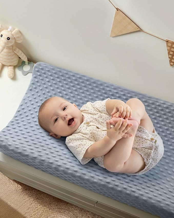 Babebay Changing Pad Cover, Ultra Soft Minky Dots Plush Changing Table Covers for Baby Boys and Girls, Breathable, 2 Pack(Blue Gray & Lily White)