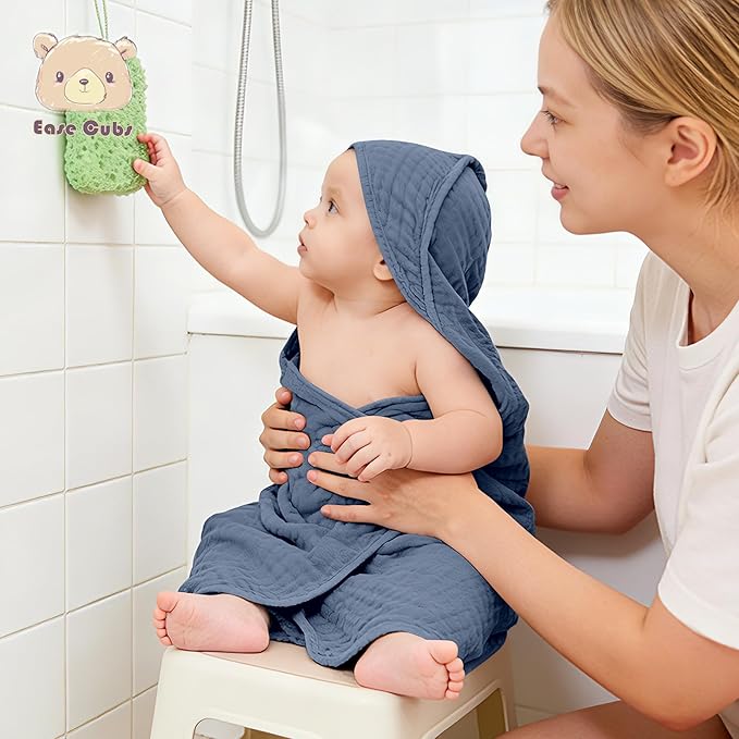 3-Pack Muslin Hooded Baby Towels, 100% Cotton, Ultra-Soft & Absorbent Baby Bath Towels with Hood for Babies, Infant, Toddler and Newbron (Grey and Navy Blue Series,32" x 32")