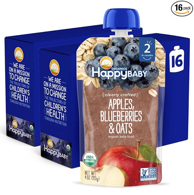 Happy Baby Organics Stage 2 Baby Food Pouches, Gluten Free, Vegan & Healthy Snack, Clearly Crafted Oat & Fruit Puree, Apples, Blueberries & Oats, 4 Ounces (Pack of 16)
