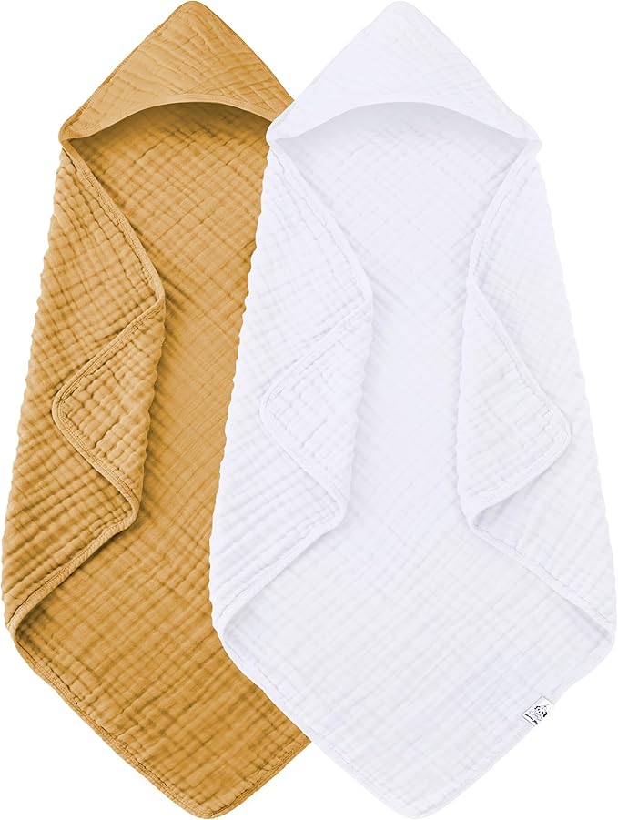 2 Pack Hooded Baby Towels - 100% Muslin Cotton for Newborns, Infants, Toddlers - Large 32x32Inch Size - Highly Absorbent and Essential for Newborn Care, White and Honey