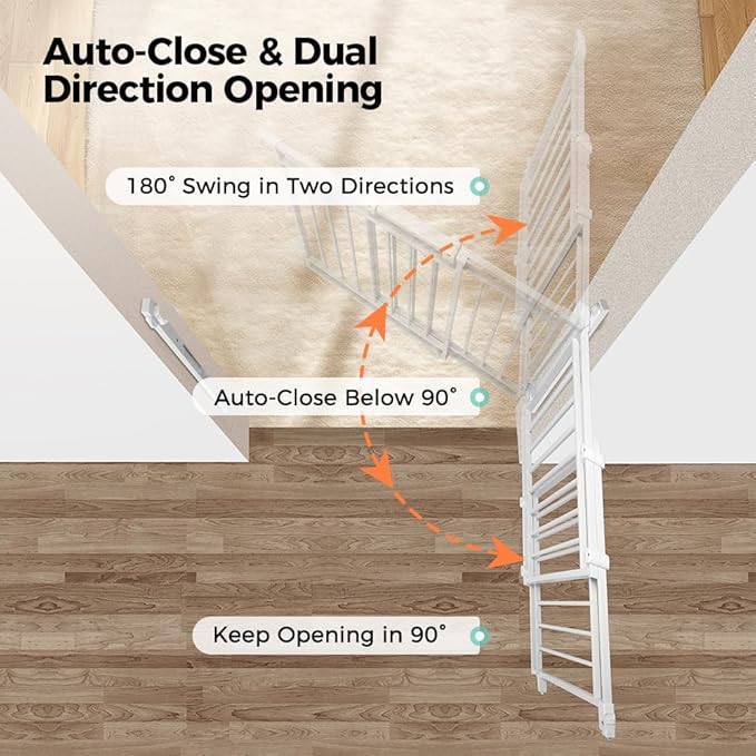 COMOMY 27.5-43" Baby Gate No Bottom Bar for Stairs and Doorways, 2-in-1 Auto Close Dog Gate Indoor for the House, Hardware Mounted Pet Gate with Large Walk Thru Door, Child Safety Gate for Dogs, White
