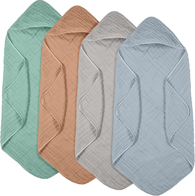 Peryiter 4 Pcs Muslin Hooded Baby Towels 32x32inch Cotton Newborn Bath Essentials Muslin Infant Blankets Absorbent Registry Baby Shower Present for Babies Girl Boy Kids (Green,Gray,Rust,Blue)