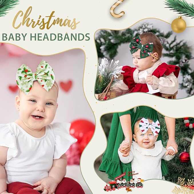 Christmas Baby Headbands, Santa Printed Elastic Nylon Hairbands in Red, White, Green for Newborn and Infant Girls, 3 Pcs (Christmas-A)