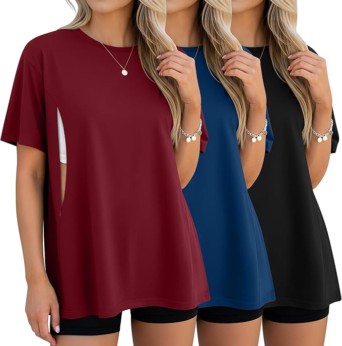 3 Pack Women's Oversize Nursing Breastfeeding Shirts Hidden Zipper Short Sleeve Loose Fit Maternity Tops