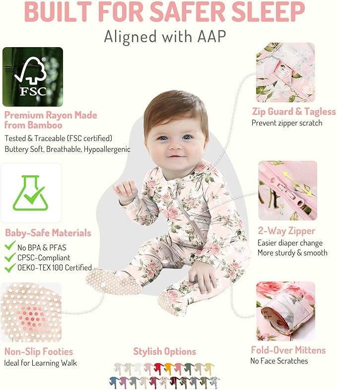 HAPIU Rayon from Bamboo Baby Footed Pajamas, 2 Way Premium Zipper, Footie for Baby Boy Girls, Newborn-24 Months