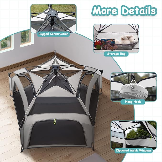 Baby Playpen Pop-up Tent - Outdoor & Indoor Play Tent for Beach with Canopy Travel Bag Portable Play Yard for Babies & Toddlers (Gray)