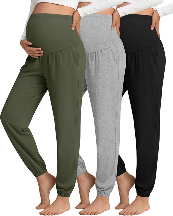 3 Pack Women's Maternity Pants Maternity Jogger Sweatpants Over The Belly Stretchy Pregnancy Pants with Pockets