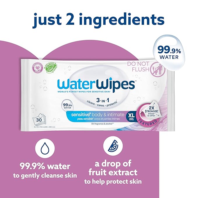 WaterWipes Sensitive+ Body & Intimate Wipes, 3-In-1 Cleans, Cares, Protects, 99.9% Water, Unscented & Hypoallergenic Hygiene Wet Wipes, Adult Care, 30 Wipes (1 Packs)