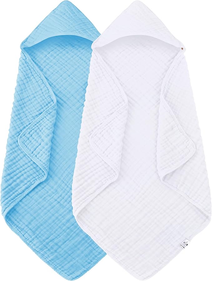 2 Pack Hooded Baby Towels - 100% Muslin Cotton for Newborns, Infants, Toddlers, and Kids - Large 32x32Inch Size - Highly Absorbent and Essential for Newborn Care, White and Aqua