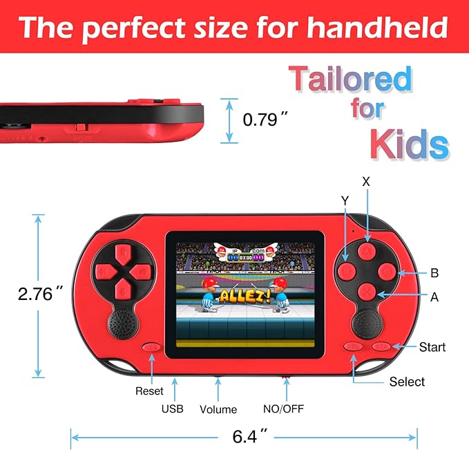 16 Bit Handheld Game for Kids Adults, 3.0'' Large Screen Preloaded 230 HD Classic Retro Video Games with USB Rechargeable Battery & 3 Game Cartridges for Birthday Gift for Kids 4-12 (Red)
