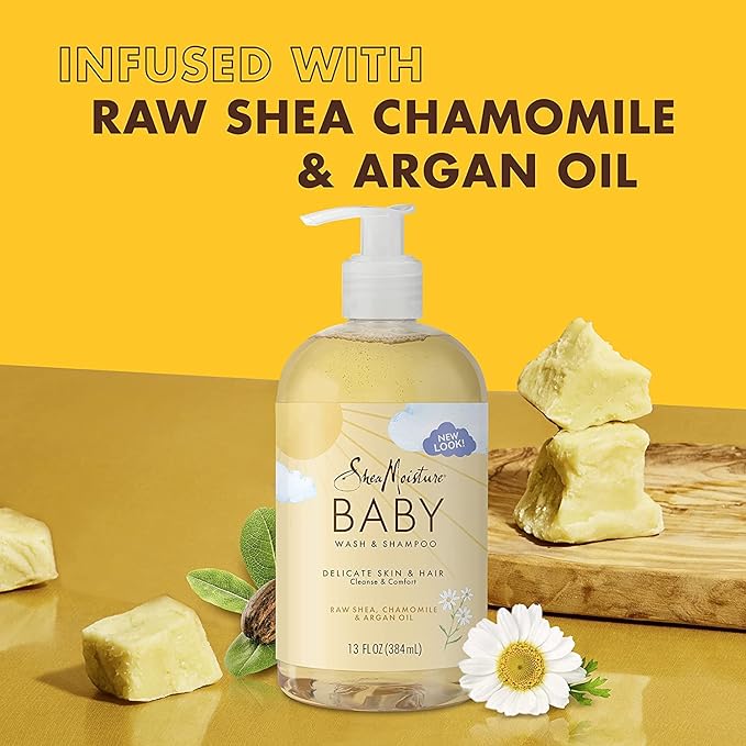 SheaMoisture Baby Wash & Shampoo for All Skin Types Raw Shea, Chamomile & Argan Oil Baby Wash and Shampoo with Frankincense & Myrrh to Help Cleanse 13 oz, Gold, Packaging may vary