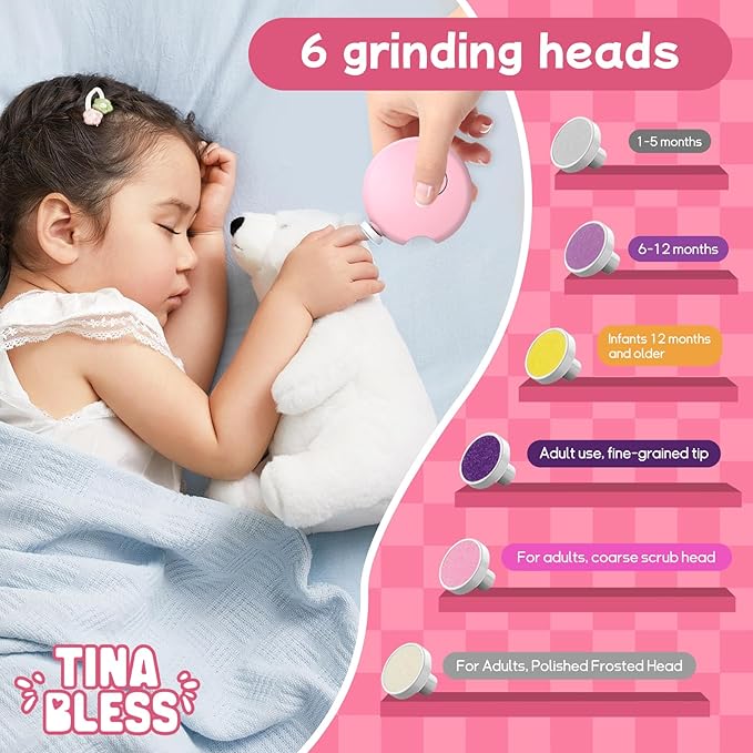 Baby Nail Trimmer Electric,Tinabless Baby Nail Clipper, 6 in 1 Baby Nail File,Nail File Baby Grooming Kit Manicure Set for Toddler or Adults(Pink)