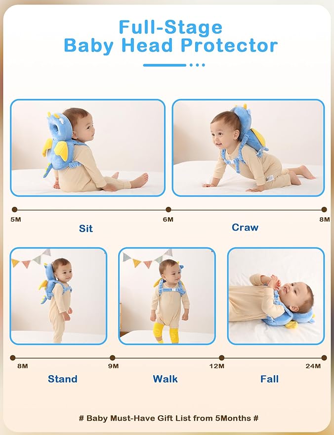 JunNeng Baby Head Protector Backpack, Toddler Walking Fall Head Protection, Blue Dinosaur