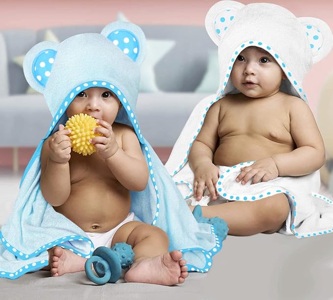 Set of 2 Hooded Baby Towels – White and Blue – Luxurious, Large and Super Absorbent – 30 x 30 Inch – Soft and Suitable for Infants, Toddlers and Kids – 400 GSM