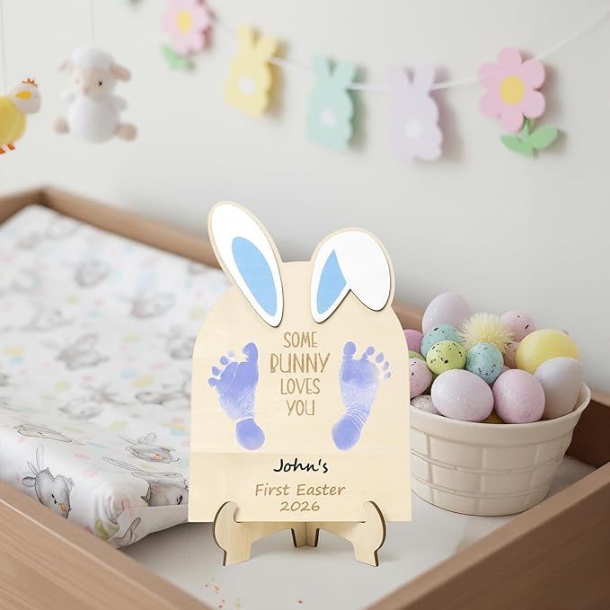 R HORSE DIY Baby's First Easter Footprint or Handprint Art Sign with Ink Pad, 3D Blue Bunny Wooden Milestone with Marker Pen, Baby 1st Easter Keepsake Craft Gift Nursery Photo Prop Baby Shower Baptism