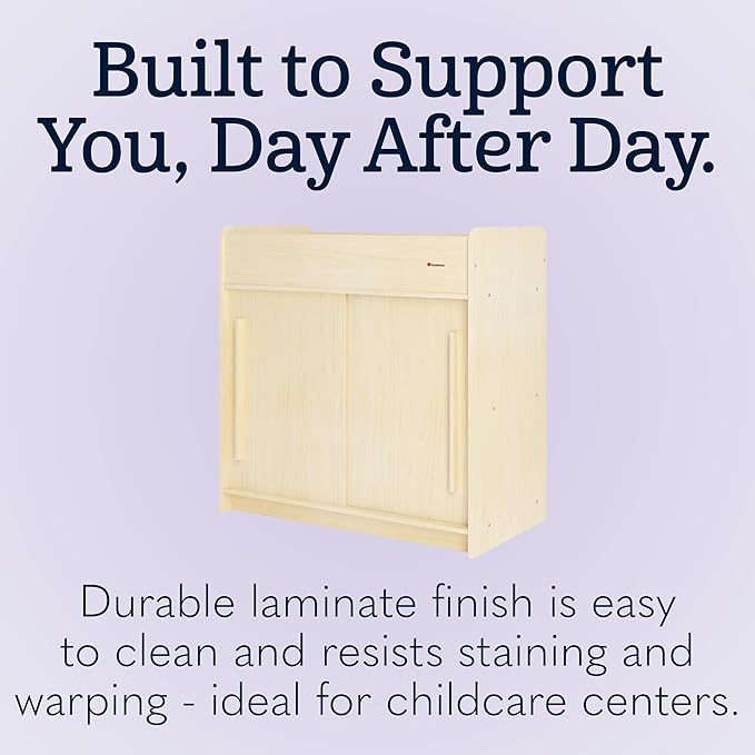 Foundations SafeGlide Daycare Changing Table, Durable Wood Construction, Built-in Shelving for Ample Storage, Gliding Doors, Adjustable Safety Strap, Includes Foam Mattress Pad, Natural