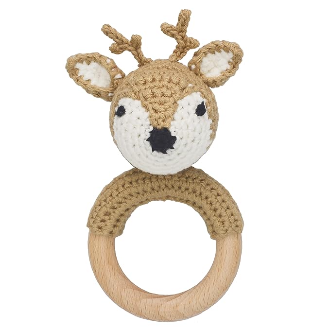 Joliecraft Woodland Friends Baby Rattle Shaker Toy with Wooden Teething Ring in White and Tan Deer