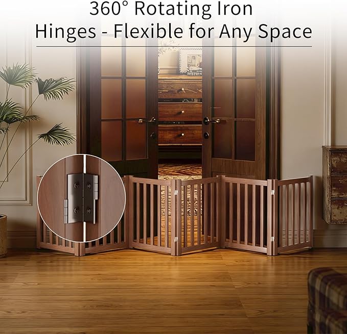 6-Panel Solid Wood Dog Gate - Freestanding Folding Pet Gate for Doorways, Stairs, Indoor, 24" Height, No Installation Needed, Walnut