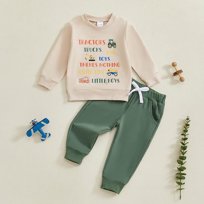 FOCUSNORM Toddler Baby Boy Fall Winter Outfit Excavator Embroidered Long Sleeve Sweatshirt Elastic Jogger Pant 2 Pcs Clothes