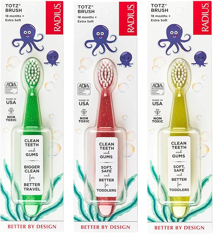 RADIUS Children's Toothbrush, Totz Brush, Extra Soft Bristles, Green/Coral/Yellow, BPA Free & ADA Accepted, Designed for Delicate Teeth & Gums for Children 18 Months & Up, Pack of 3