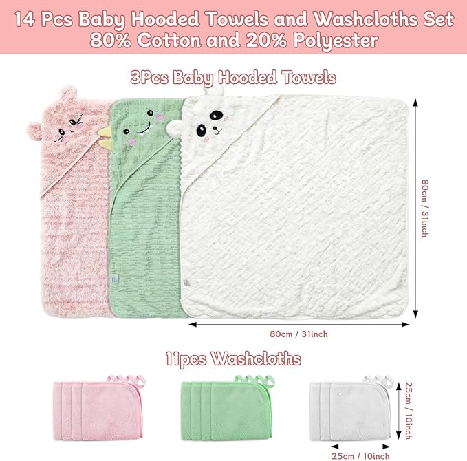 14 PCS Thicken Baby Towels Set, 3 PCS Soft Hooded Baby Towels & 11 PCS Washcloths, Baby Bath Towels for Newborns, Infants & Toddlers, Ultra Absorbent, Cute Baby Towel Gift for Girls
