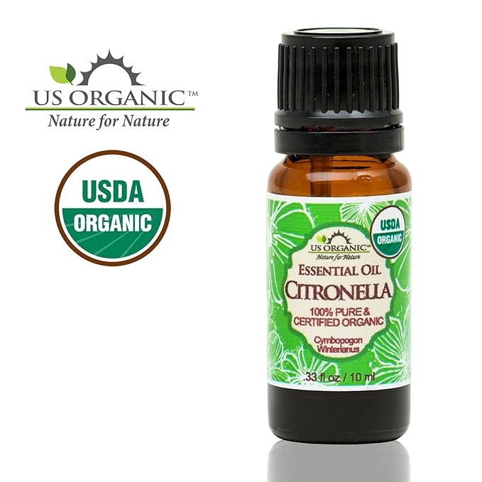US Organic Citronella Essential Oil, Certified Organic, Pure & Natural, Improved caps and droppers. Used for Skin Care, DIY Projects Like Candle Making and Much More (10 ml.33 fl oz)