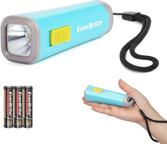 EverBrite Small Flashlight, Mini LED Flashlight, Plastic Torch Use for Emergencies, Camping, Outdoor with Lanyard 3AAA Battery Included, Blue