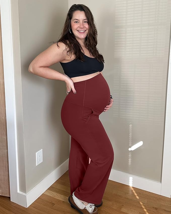 G4Free Maternity Pants Over The Belly Yoga Dress Work Pregnancy Pants Stretchy Lounge Wide Leg Trousers with Pockets