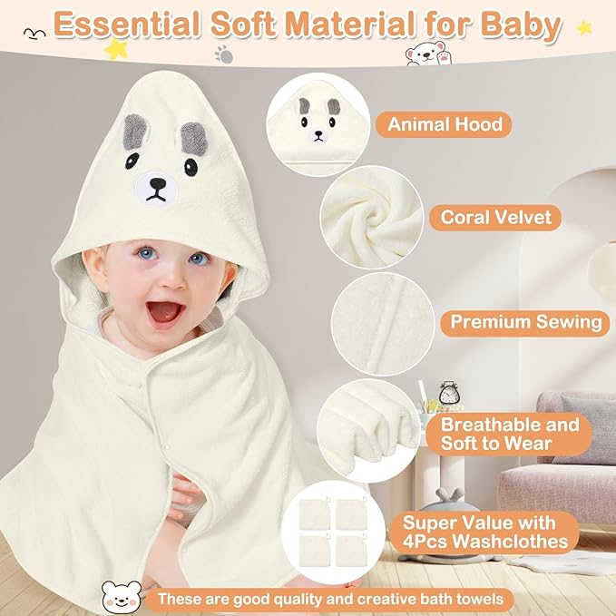 4 Pcs Baby Towels Set, 32x32 in Hooded Bath Towel and 3 Pcs Baby Washcloths for Newborns, Toddlers, and Kids, Soft Baby Towels and Washcloths Set for Boys and Girls (White Bear)